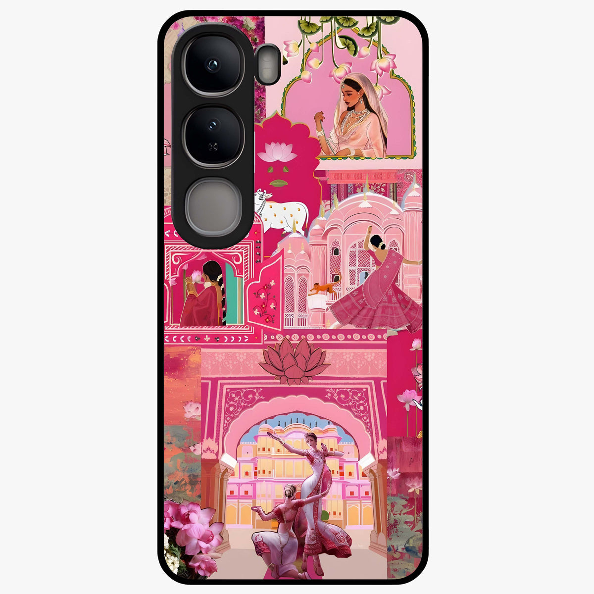 Blossoms of Rajasthan Glass Case showing flat back view with traditional floral artwork inspired by Rajasthan and glossy glass finish.