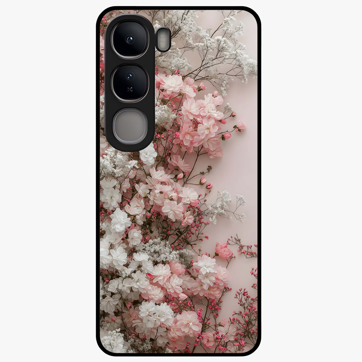 Blush Blossom Cloud Glass Case showing flat back view with dreamy blush cloud blossom artwork and glossy glass finish.