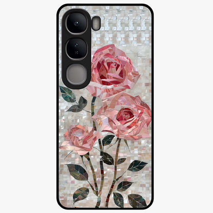 Blush Mosaic Bloom Glass Case showing flat back view with mosaic floral bloom artwork and glossy glass finish.