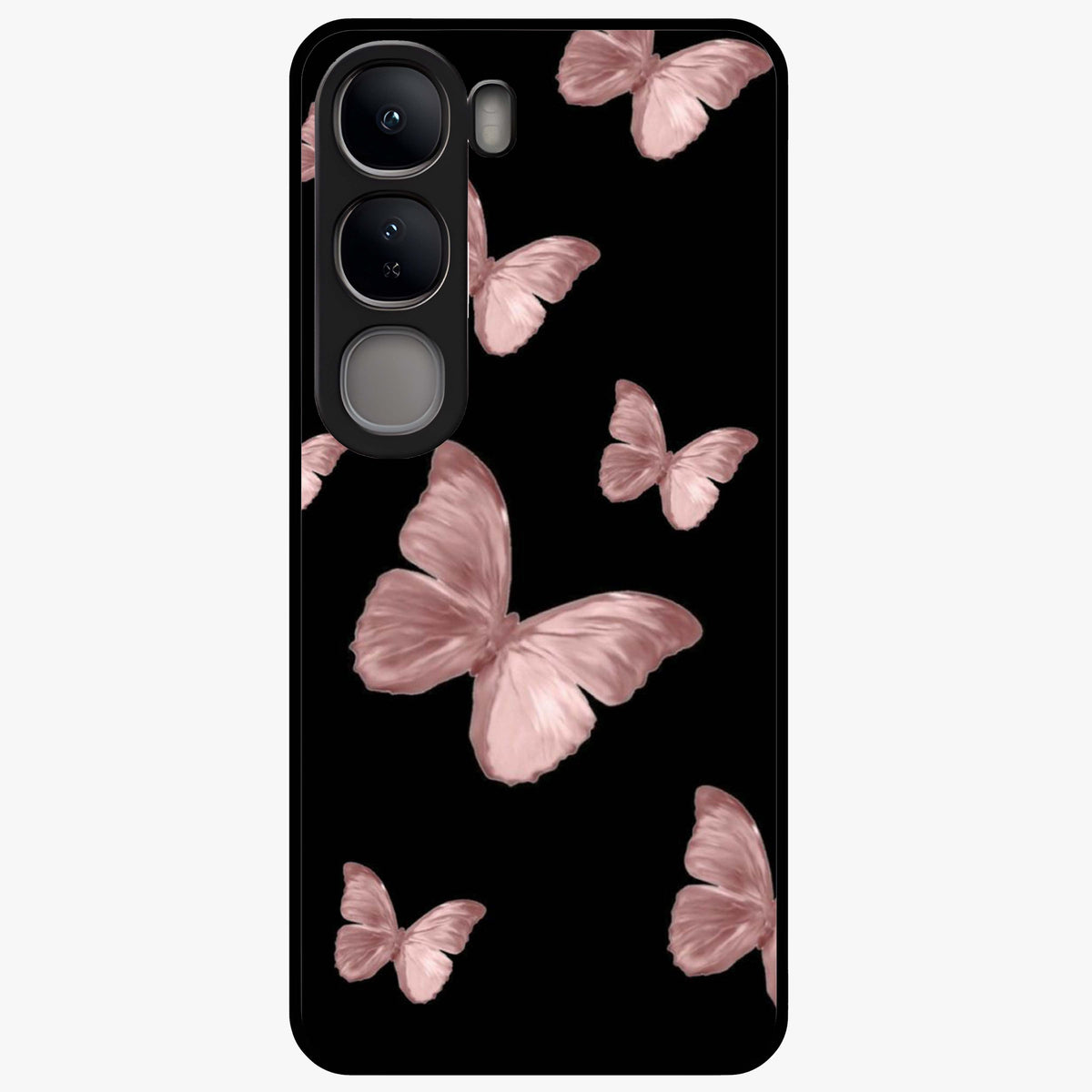 Butterfly Pattern Glass Case showing flat back view with elegant butterfly pattern artwork and glossy glass finish.