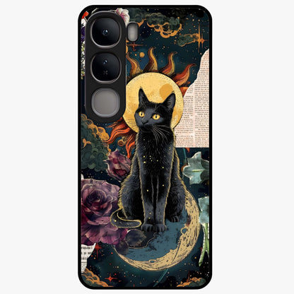 Celestial Black Cat Glass Case showing flat back view with mystical black cat artwork and glossy glass finish.