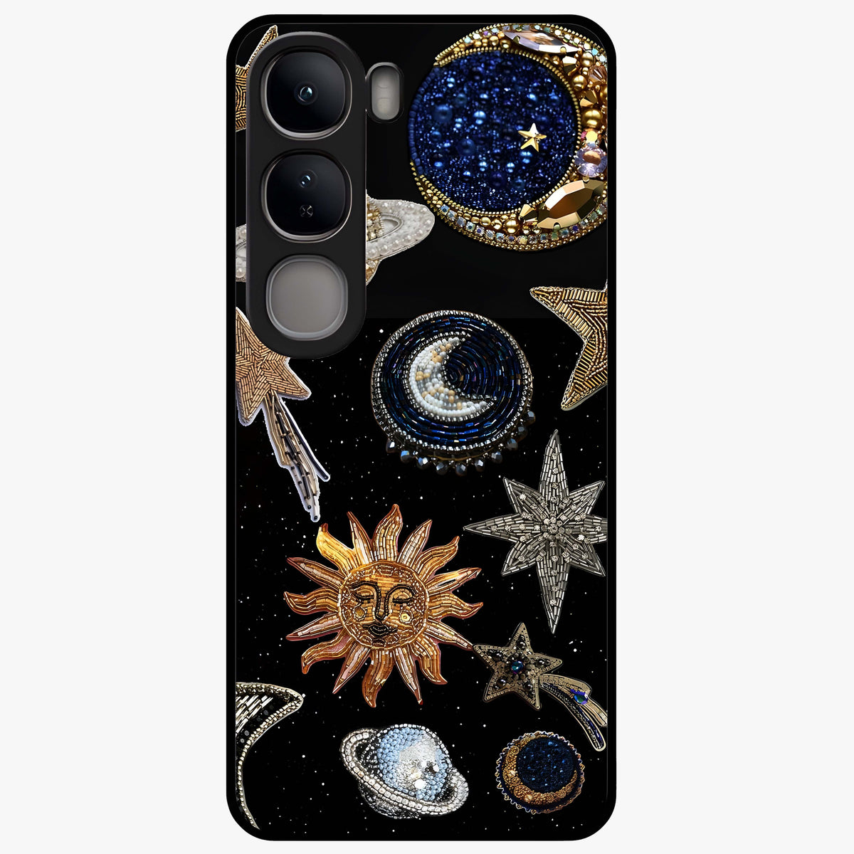 Celestial Gem Constellations Glass Case showing flat back view with sparkling constellation artwork and glossy glass finish.