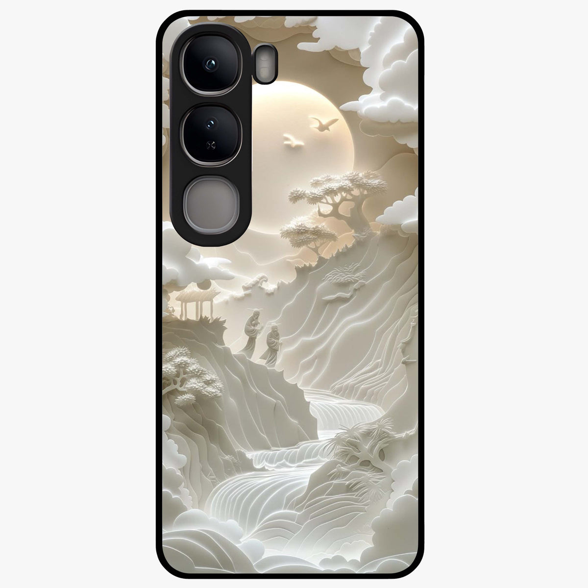 Celestial Origami Glass Case showing flat back view with artistic origami inspired celestial artwork and glossy glass finish.