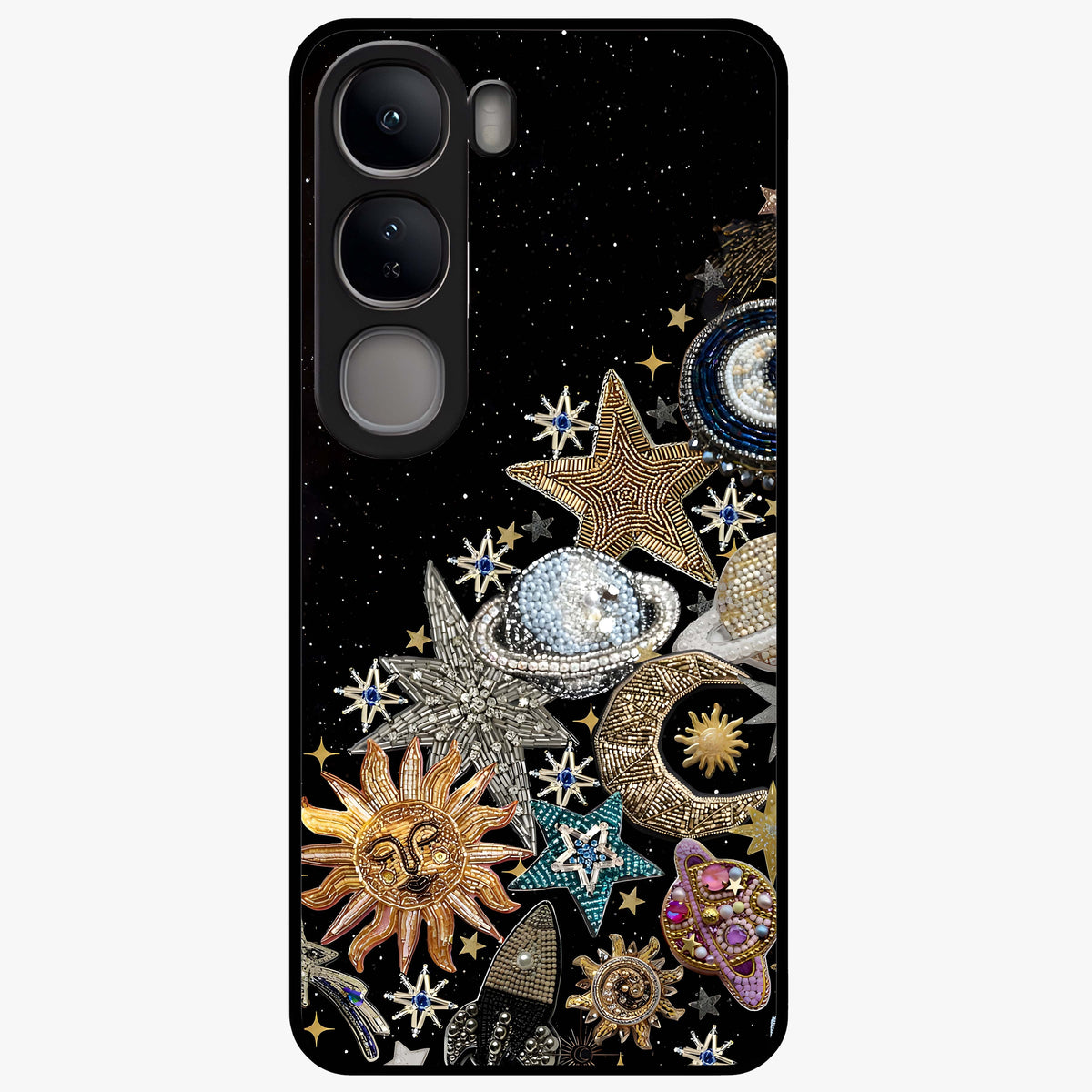 Cosmic Sparkle Dreams Glass Case showing flat back view with sparkling cosmic artwork and glossy glass finish.