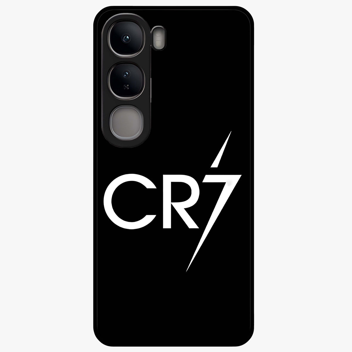 Cr7 Elite Strike Glass Case showing flat back view with dynamic football inspired artwork and glossy glass finish.
