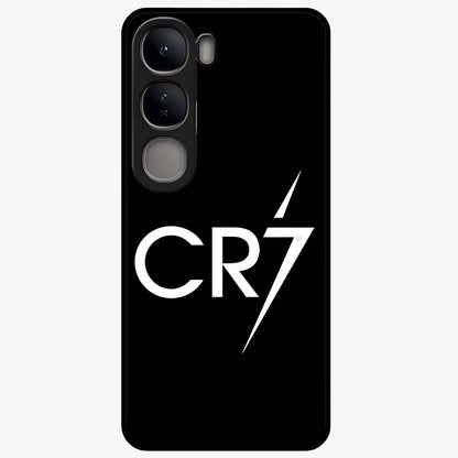 Cr7 Elite Strike Glass Case showing flat back view with dynamic football inspired artwork and glossy glass finish.