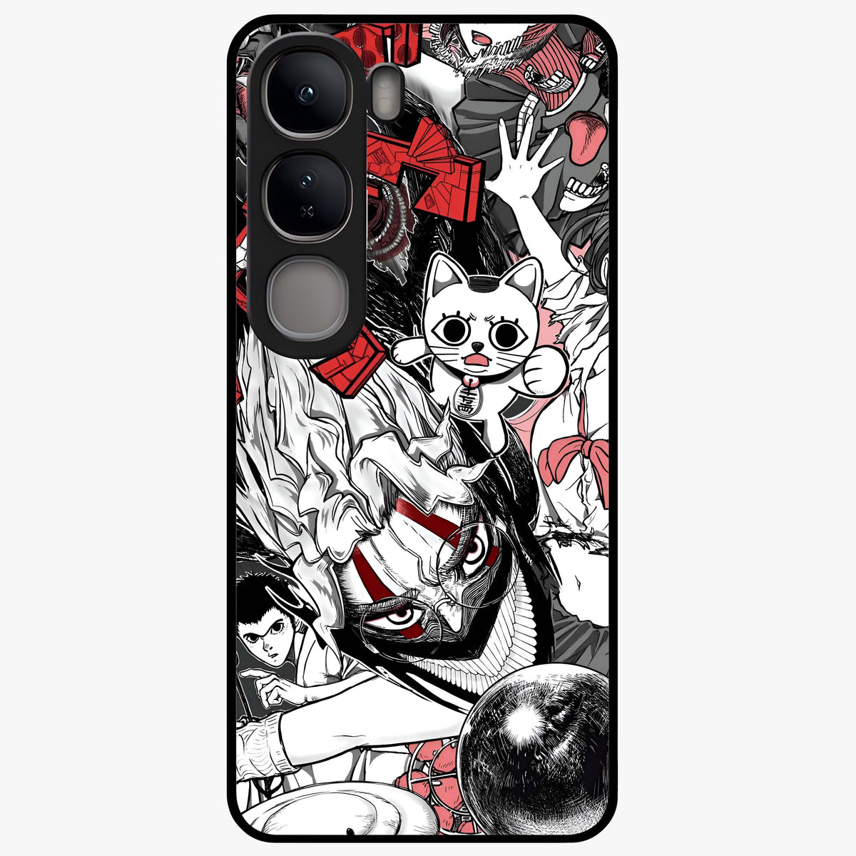 Crimson Chaos Panel Glass Case showing flat back view with bold crimson abstract artwork and glossy glass finish.