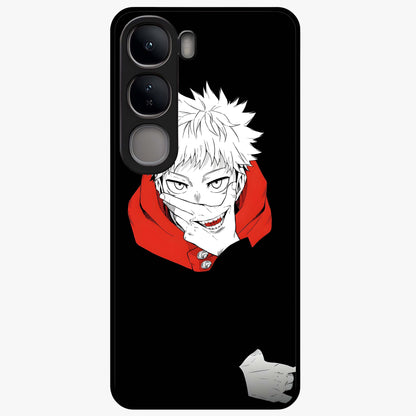 Crimson Chaos Smile Glass Case showing flat back view with bold chaotic smile artwork and glossy glass finish.