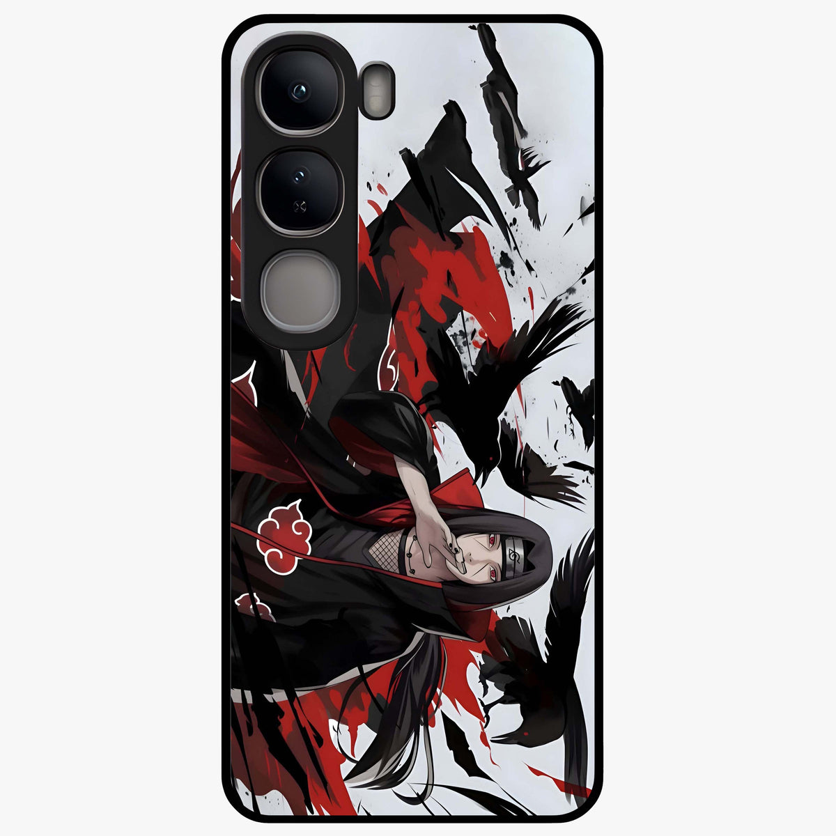 Crimson Crow Illusion Glass Case showing flat back view with artistic crow illusion artwork and glossy glass finish.