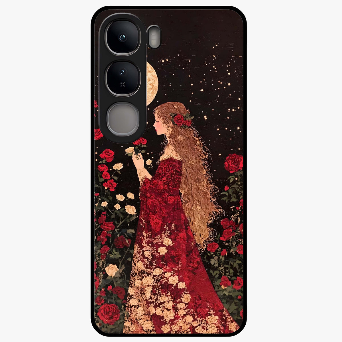 Crimson Dreams Glass Case showing flat back view with dreamy crimson artwork and glossy glass finish.