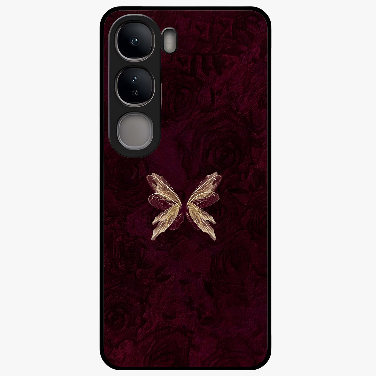Crimson Fade Butterfly Glass Case showing flat back view with fading butterfly artwork and glossy glass finish.