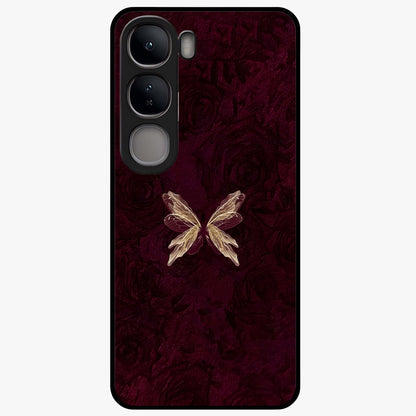 Crimson Fade Butterfly Glass Case showing flat back view with fading butterfly artwork and glossy glass finish.