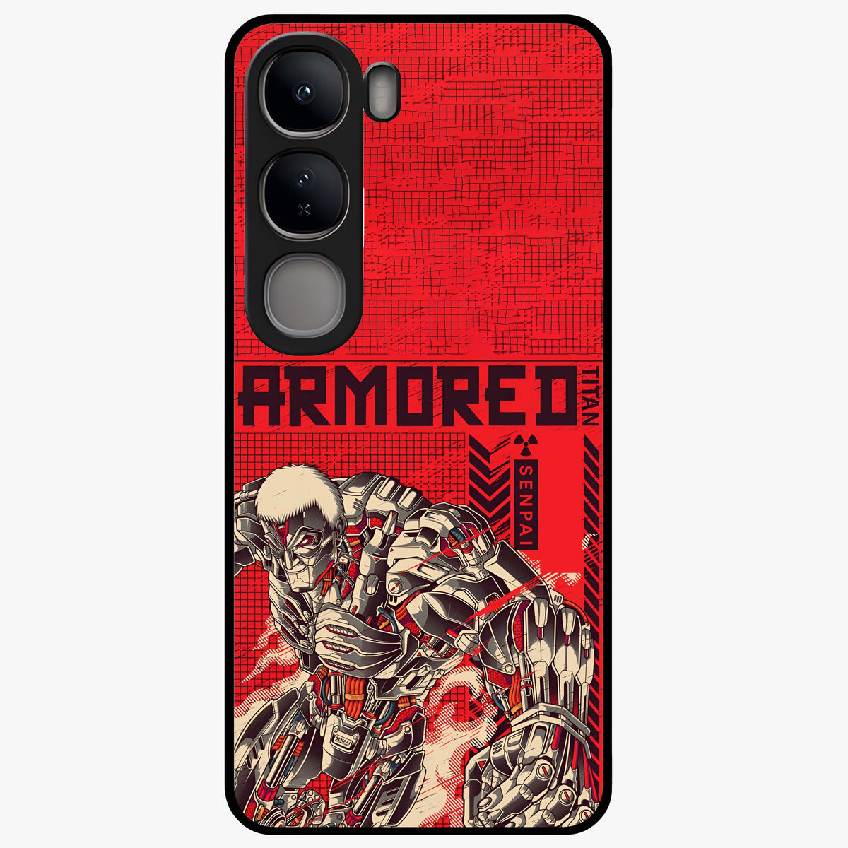 Crimson Mecha Titan Glass Case showing flat back view with powerful mech titan artwork and glossy glass finish.