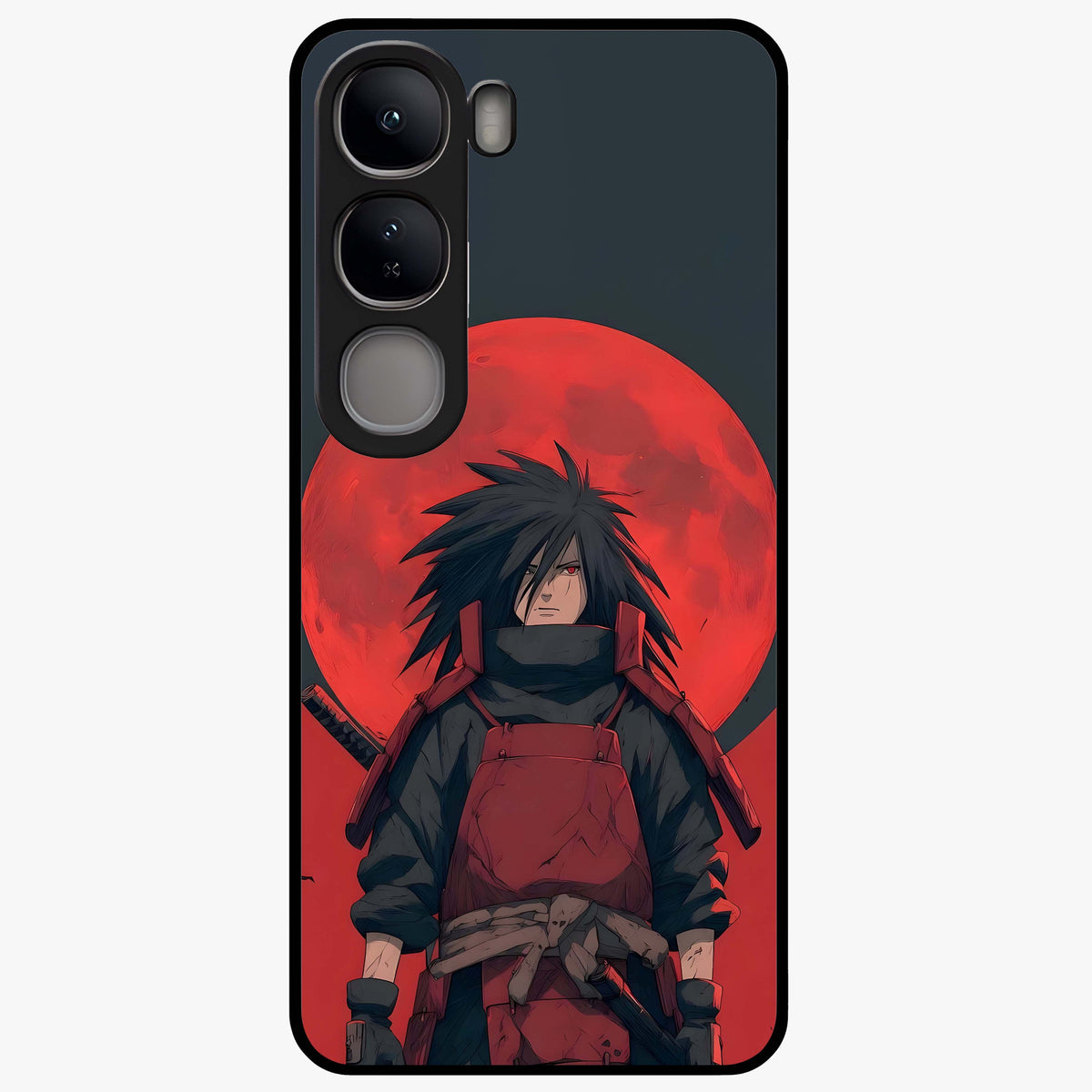 Crimson Moon Warlord Glass Case showing flat back view with mystical moon warrior artwork and glossy glass finish.
