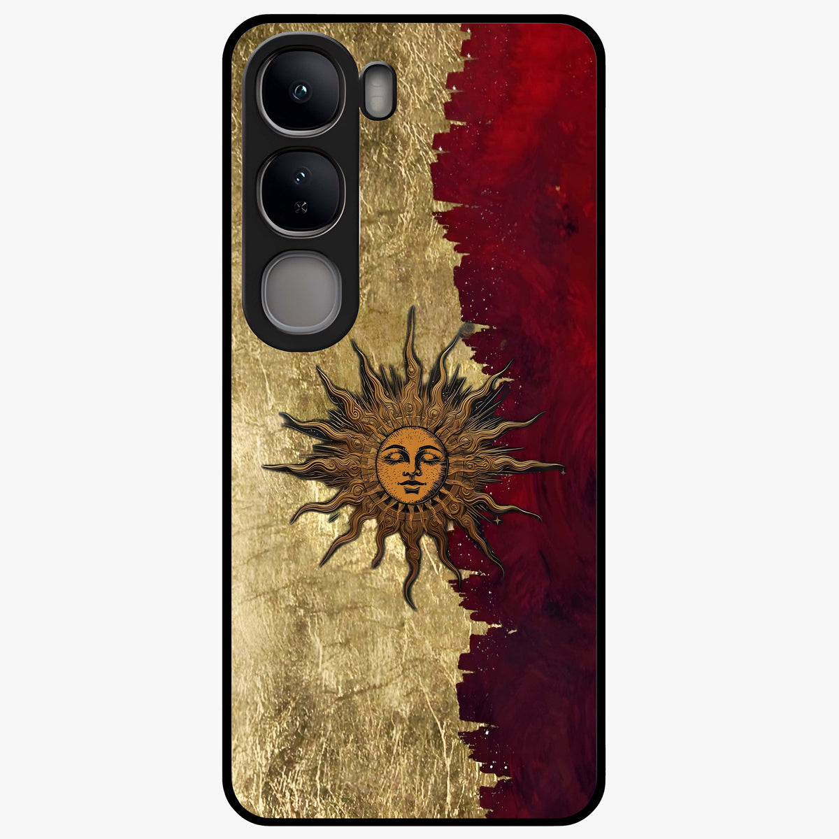 Crimson Sun Majesty Glass Case showing flat back view with radiant sun inspired artwork and glossy glass finish.