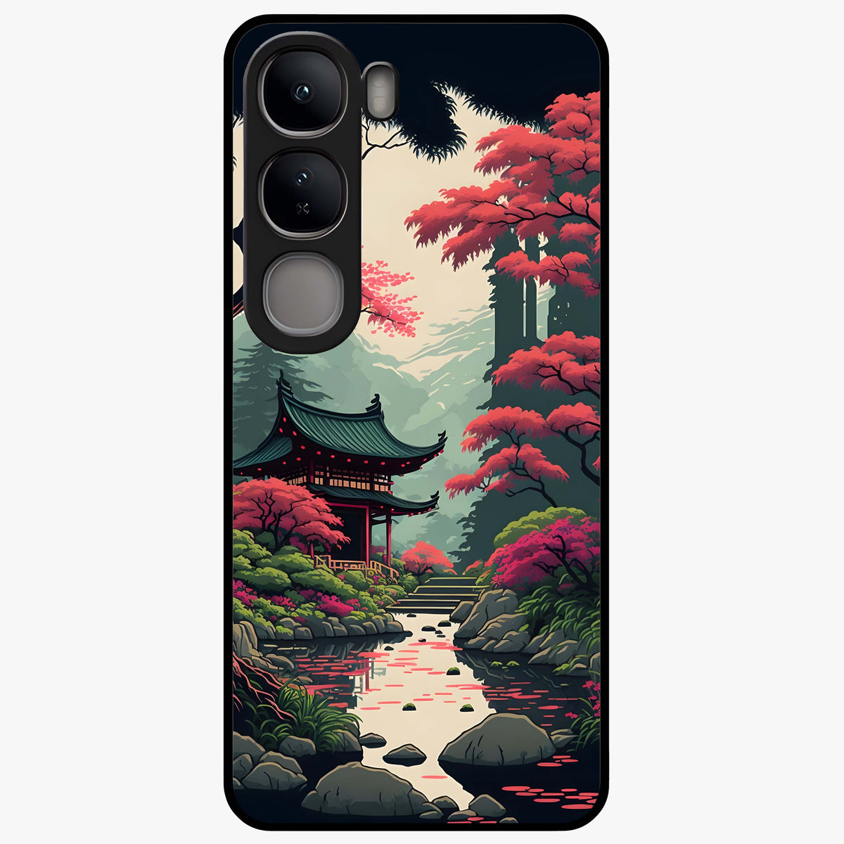 Crimson Temple View Glass Case showing flat back view with temple inspired artwork and glossy glass finish.