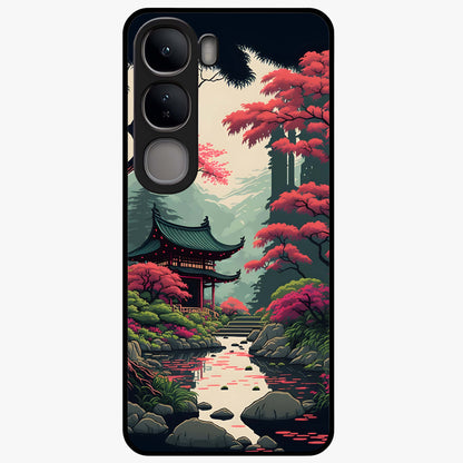 Crimson Temple View Glass Case showing flat back view with temple inspired artwork and glossy glass finish.