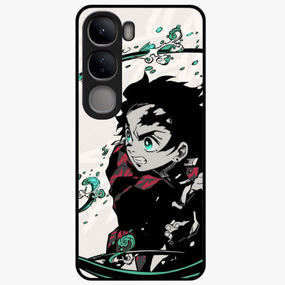Demon Slayer Glass Case showing flat back view with bold anime inspired artwork and glossy glass finish.