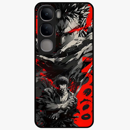 Demon Sword Resolve Glass Case showing flat back view with fierce sword warrior artwork and glossy glass finish.