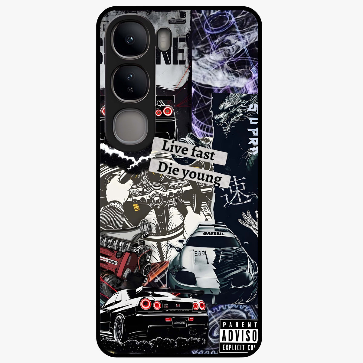 Die Young Glass Case showing flat back view with bold artistic typography design and glossy glass finish.