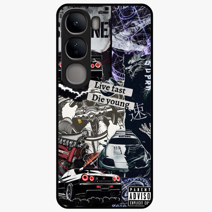 Die Young Glass Case showing flat back view with bold artistic typography design and glossy glass finish.