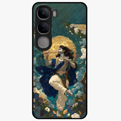 Divine Krishna Art Glass Case showing flat back view with Lord Krishna artwork and glossy glass finish.