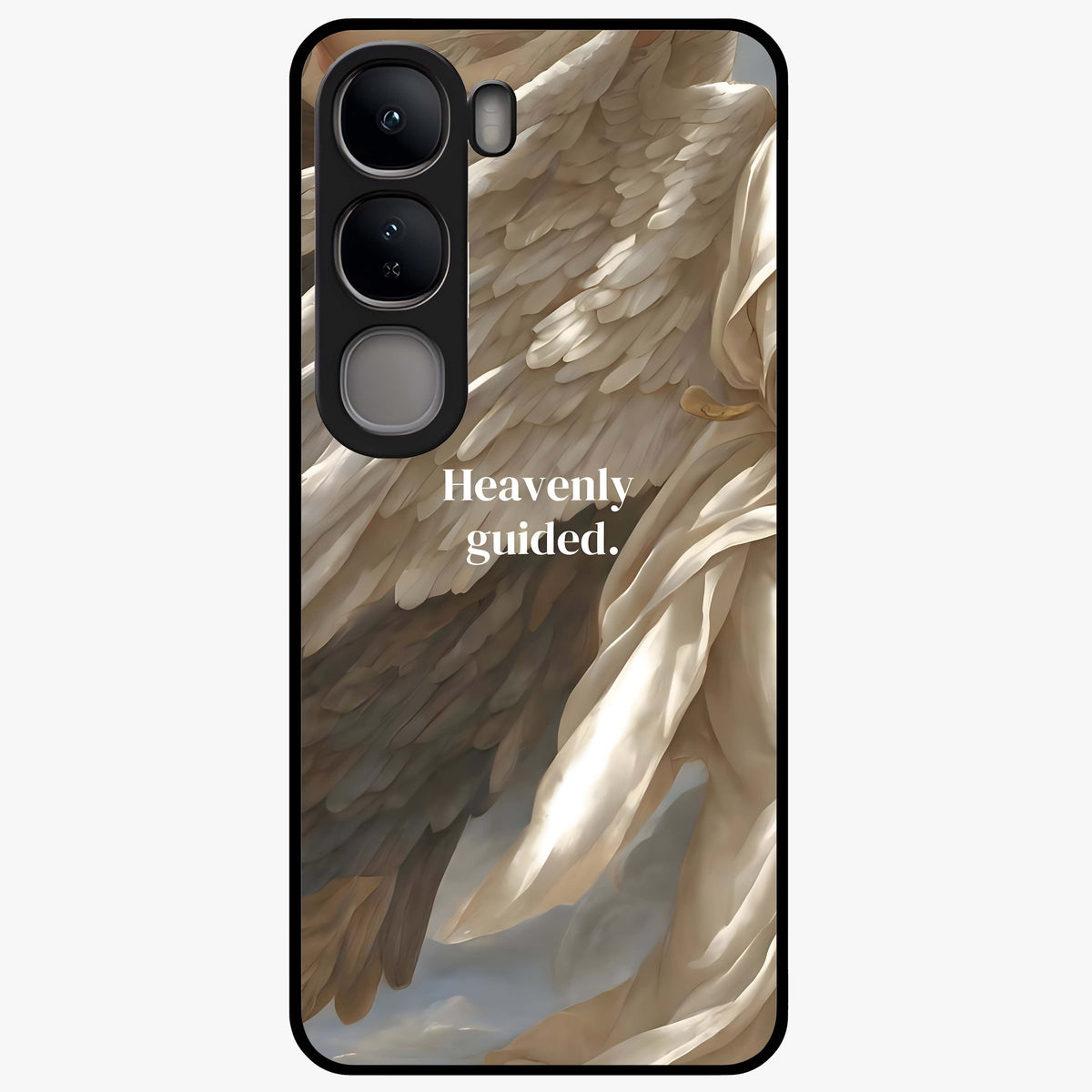 Divine Winged Grace Glass Case showing flat back view with elegant wing inspired artwork and glossy glass finish.