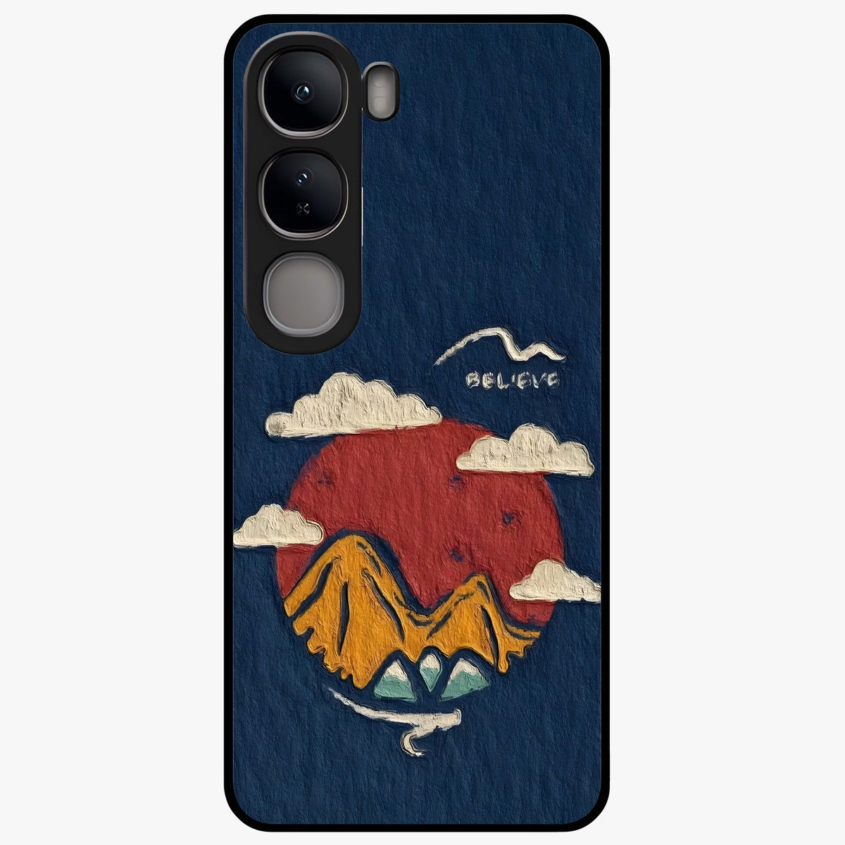 Dream Beyond Mountains Glass Case showing flat back view with scenic mountain landscape artwork and glossy glass finish.