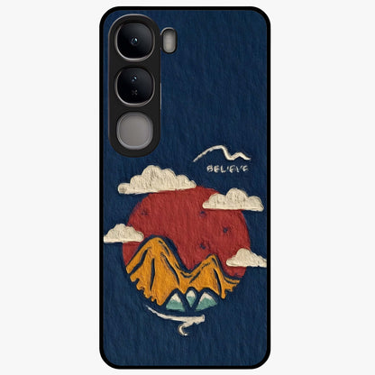 Dream Beyond Mountains Glass Case showing flat back view with scenic mountain landscape artwork and glossy glass finish.