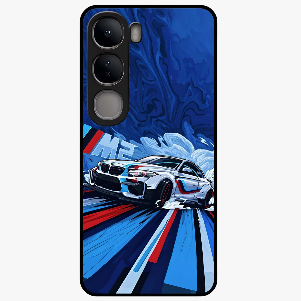 Drift Power Rush Glass Case showing flat back view with dynamic racing inspired artwork and glossy glass finish.