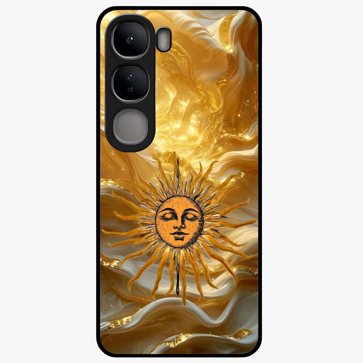 Eternal Golden Glow Glass Case showing flat back view with radiant golden themed artwork and glossy glass finish.