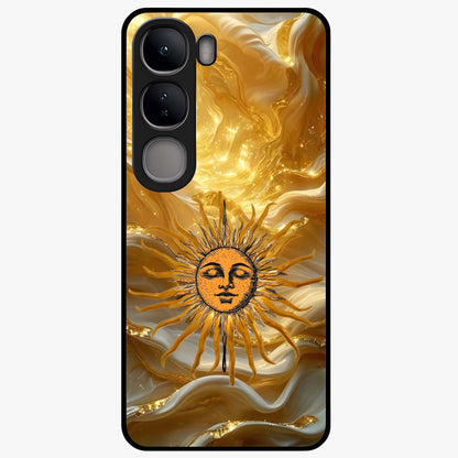 Eternal Golden Glow Glass Case showing flat back view with radiant golden themed artwork and glossy glass finish.