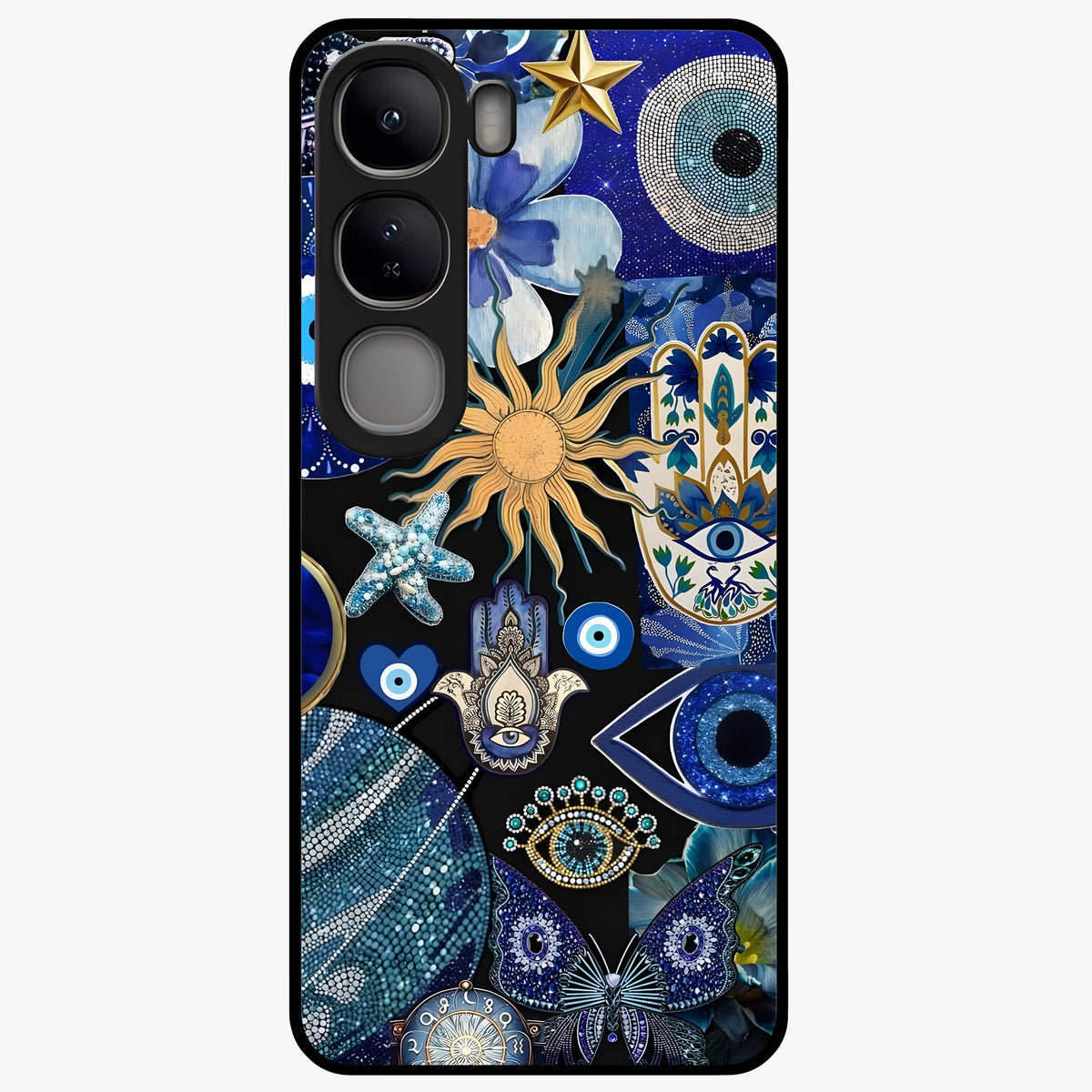 Evil Eye Charm Mix Glass Case showing flat back view with multiple evil eye charms artwork and glossy glass finish.