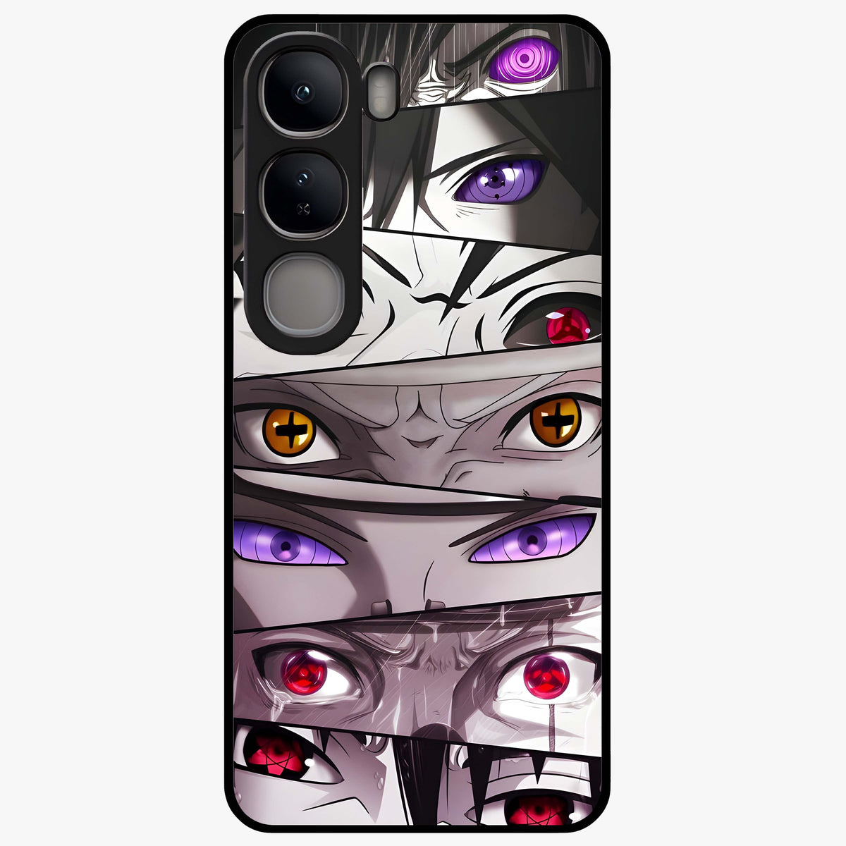 Eyes of Destiny Glass Case showing flat back view with striking eye themed artwork and glossy glass finish.