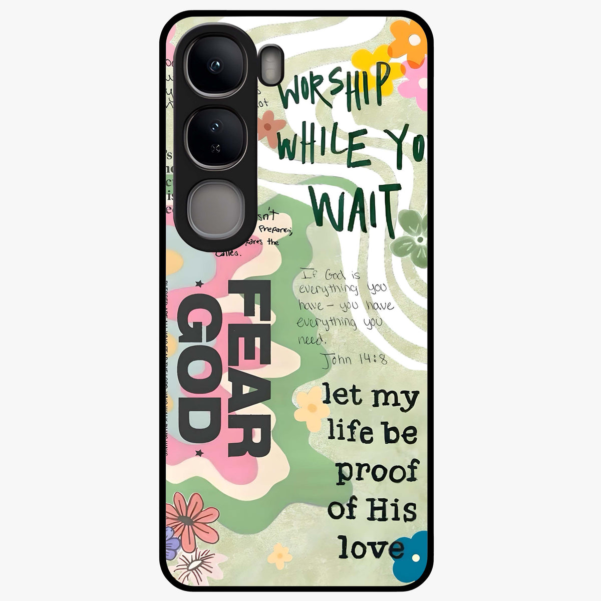 Faith Over Fear Glass Case showing flat back view with motivational typography artwork and glossy glass finish.