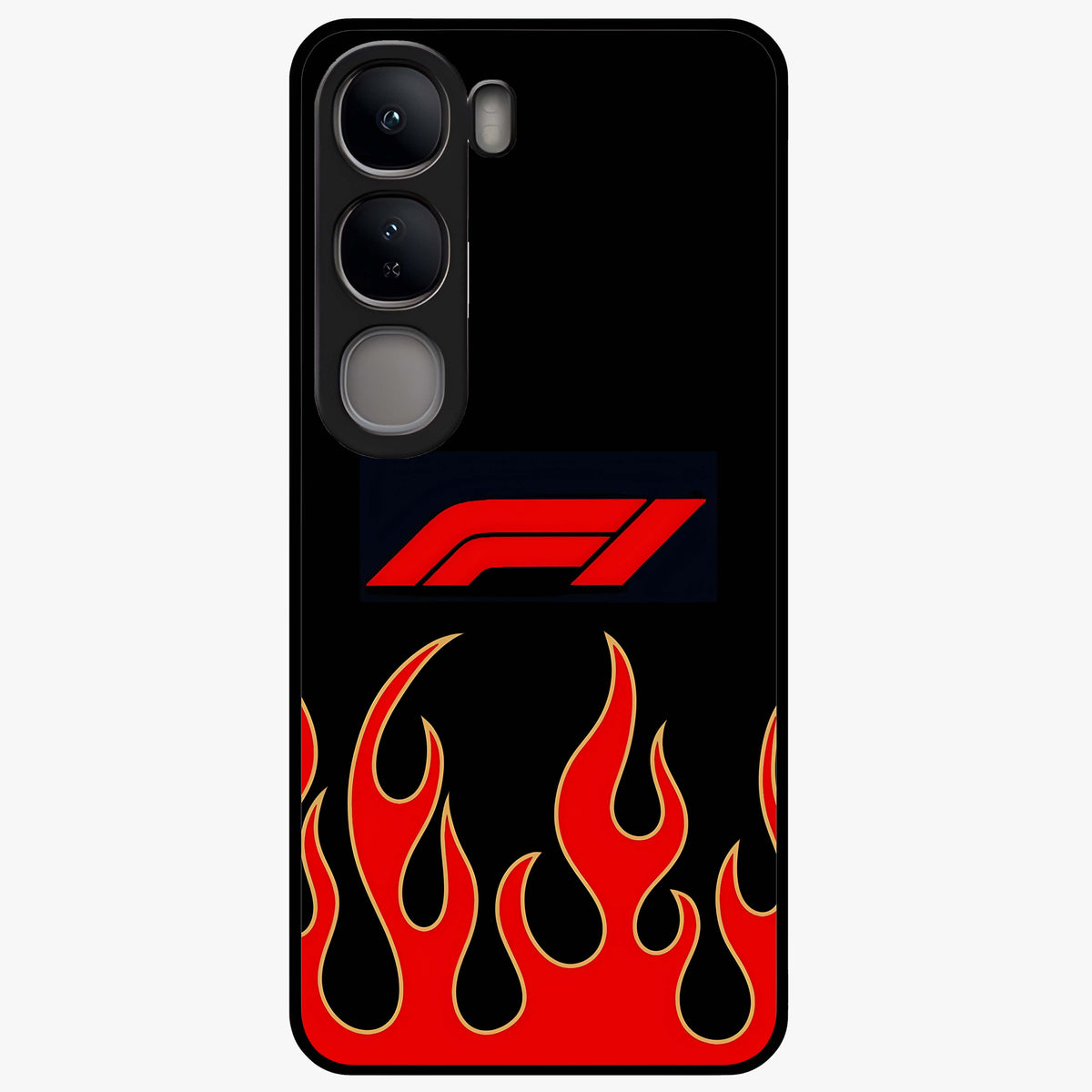 Fire F11 Glass Case showing flat back view with fiery themed artwork and glossy glass finish.