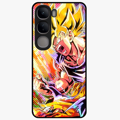 Firing Goku Glass Case showing flat back view with powerful anime inspired artwork and glossy glass finish.