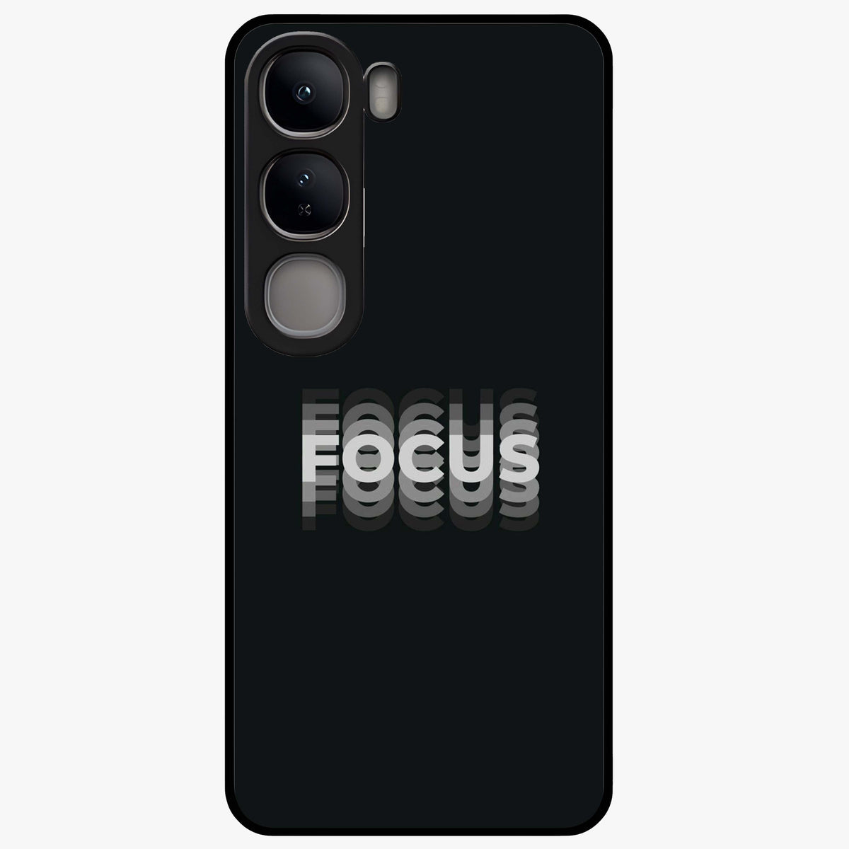 Focus Mode On Glass Case showing flat back view with bold motivational typography design and glossy glass finish.