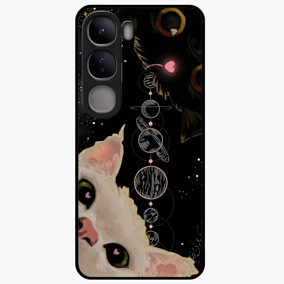Galactic Cat Glass Case showing flat back view with cosmic cat artwork and glossy glass finish.