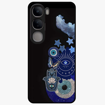 Galactic Charm Cluster Glass Case showing flat back view with glowing celestial charm artwork and glossy glass finish.