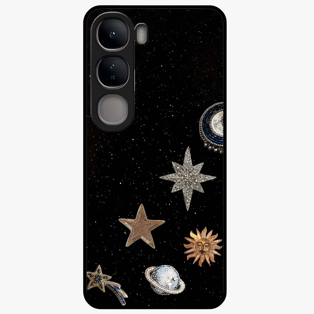 Galactic Charm Glow Glass Case showing flat back view with glowing celestial charm artwork and glossy glass finish.