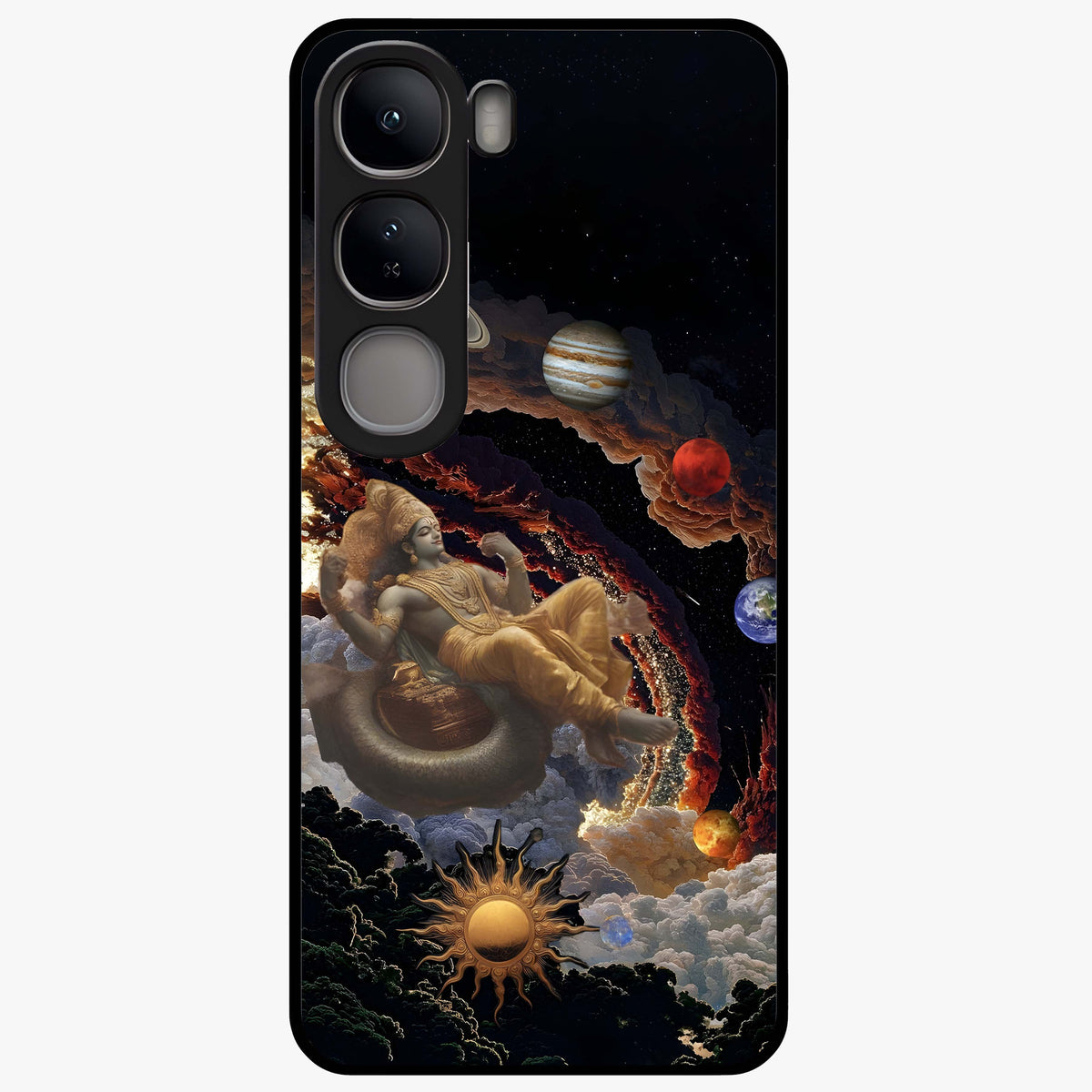Galactic Divine God Glass Case showing flat back view with divine cosmic themed artwork and glossy glass finish.
