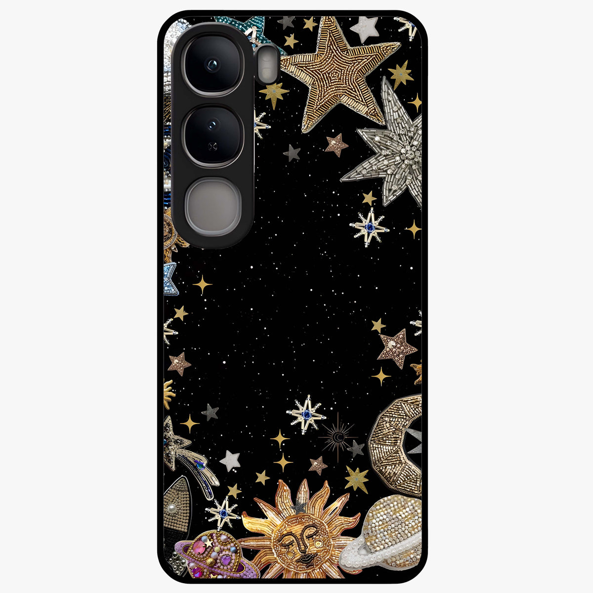 Galactic Jewel Stars Glass Case showing flat back view with sparkling star jewel artwork and glossy glass finish.