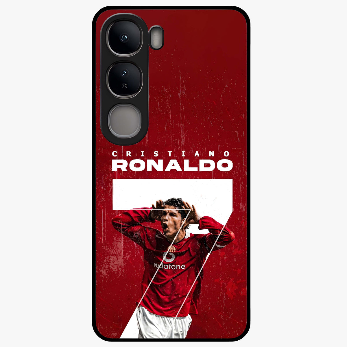 Goal Celebration Legacy Glass Case showing flat back view with football celebration inspired artwork and glossy glass finish.