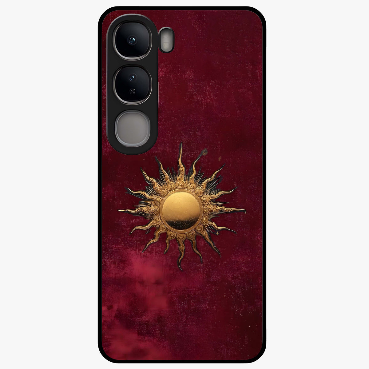 Gold Sun Blush Glass Case showing flat back view with golden sun inspired artwork and glossy glass finish.