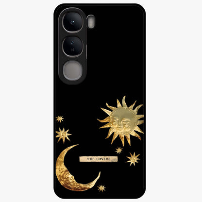 Golden Celestial Charm Glass Case showing flat back view with golden celestial charm artwork and glossy glass finish.