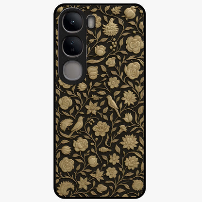 Golden Floral Majesty Glass Case showing flat back view with luxurious golden floral artwork and glossy glass finish.