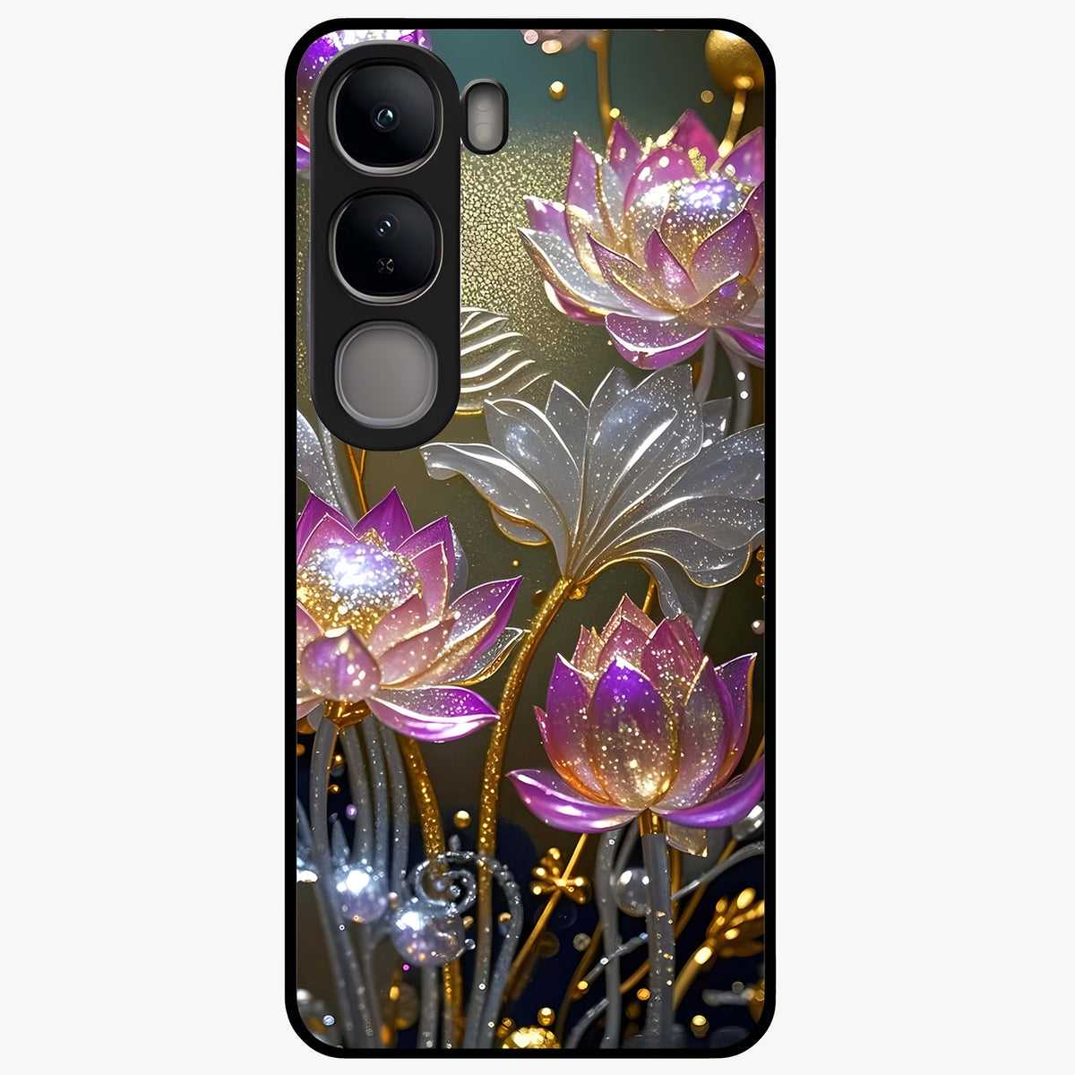 Golden Lotus Glow Glass Case showing flat back view with glowing lotus flower artwork and glossy glass finish.