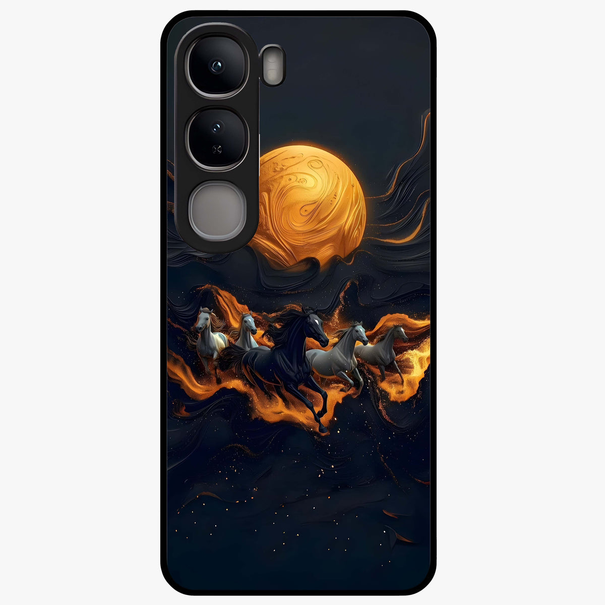 Golden Stallion Moonride Glass Case showing flat back view with majestic horse under moonlight artwork and glossy glass finish.