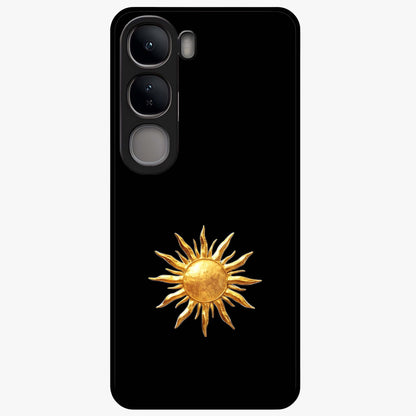 Golden Sun Minimalism Glass Case showing flat back view with minimal golden sun artwork and glossy glass finish.